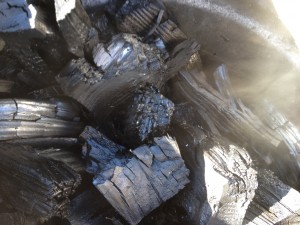 Bio char steaming after a water spray